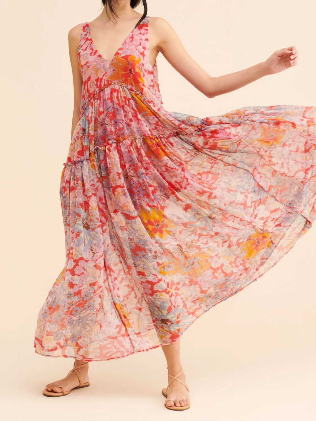  Front-facing image of strawberry V-Neck Sleeveless Dress with vibrant prints and a flattering cut