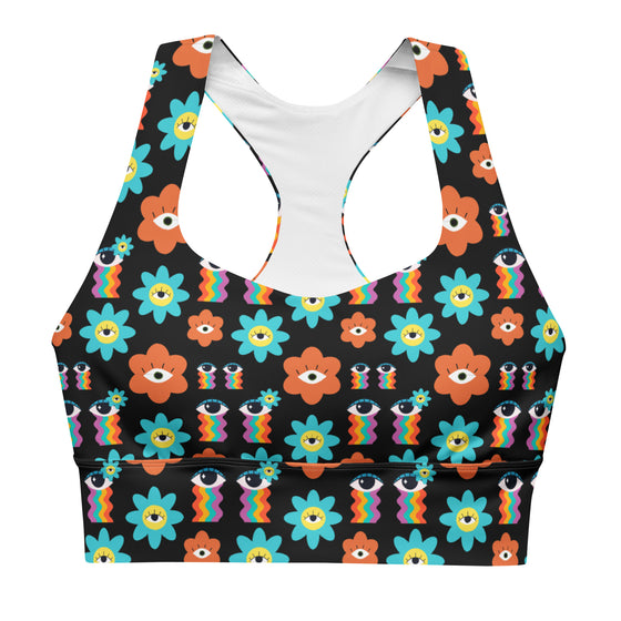 Front view of the Rainbow Eyes Print Black Longline Racerback Sports Bra. Featuring a colorful floral pattern, double-layered front, and high-support fit for gym and sports activities.