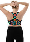 Large-size back view of the Rainbow Eyes Print Black Longline Racerback Sports Bra. Designed with a secure racerback fit, high-support compression, and moisture-wicking technology.