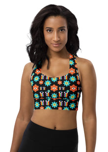  Woman wearing the Rainbow Eyes Print Black Longline Racerback Sports Bra. Stylish and supportive with a vibrant floral design, longline cut, and racerback fit for gym workouts and yoga.