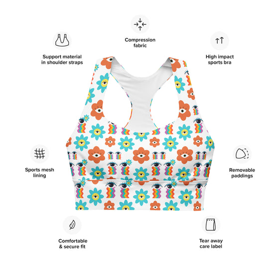 Text details of the Rainbow Eyes White High Support Sports Bra front, showcasing the vibrant floral pattern, compression fit, and seamless comfort for workouts and activewear.