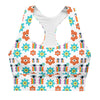 Front view of the Rainbow Eyes White High Support Sports Bra. Stylish floral-print sports bra with a high-impact design, racerback support, and moisture-wicking technology.