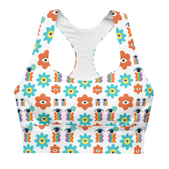 Front view of the Rainbow Eyes White High Support Sports Bra. Stylish floral-print sports bra with a high-impact design, racerback support, and moisture-wicking technology.