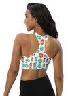 Back view of the Rainbow Eyes White High Support Sports Bra. Racerback style with breathable, stretchable fabric for high sports bra support and all-day comfort.