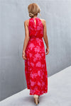 Back of rose pink printed tie waist maxi dress—chic, longline summer outfit with flattering cut and easy movement.