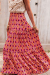  Side view of the Rose Printed Tiered Maxi Skirt highlighting its cascading layers and comfortable fit.