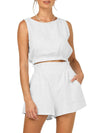 Front view of the Round Neck Sleeveless Top and Shorts Set, showcasing the round neckline and high-waist pocketed shorts.