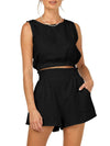 Front view of the Round Neck Sleeveless Top and Shorts Set, showcasing the round neckline and high-waist pocketed shorts.