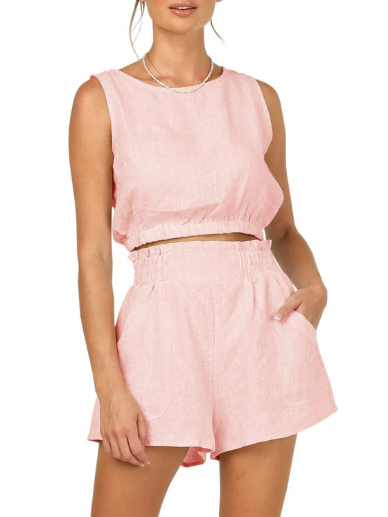 Front view of the Round Neck Sleeveless Top and Shorts Set, showcasing the round neckline and high-waist pocketed shorts.