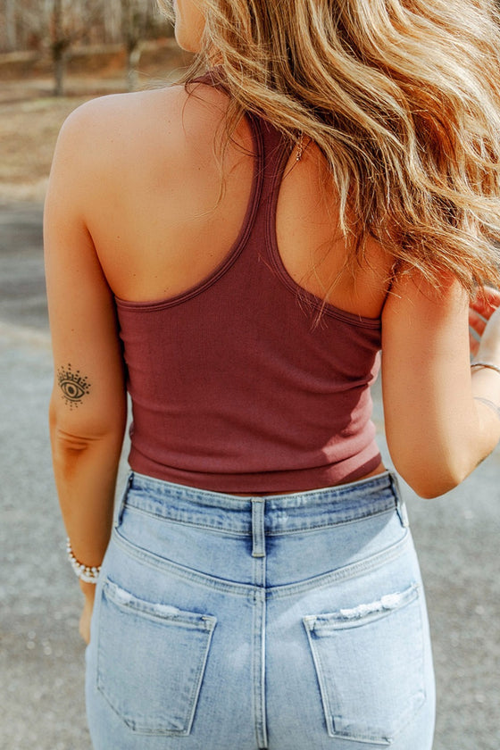 Back view of the Round Neck Wide Strap Tank in brown with a classic round neckline and wide straps.