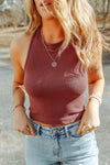 Front view of the Round Neck Wide Strap Tank in brown with a classic round neckline and wide straps.