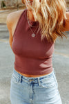 Model styled in the Round Neck Wide Strap Tank paired with jeans and accessories for an effortless, casual outfit.