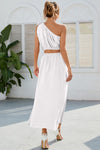 Back view of the Ruched One Shoulder Top and Slit Skirt Set, featuring a smooth, flowy fabric and structured fit.