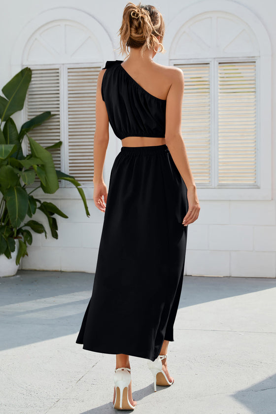 Back view of the Ruched One Shoulder Top and Slit Skirt Set, featuring a smooth, flowy fabric and structured fit.