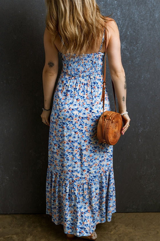 Back view of the Ruched Ruffle Hem Cami Dress featuring its elegant silhouette.