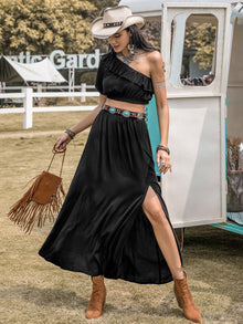  Stylish woman wearing a Ruffled Single Shoulder Top and Maxi Slit Skirt Set in black, perfect for summer events or casual outings.

