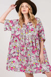 Front view of the SAGE + FIG Floral Mini Shirt Dress featuring a floral print and button-down style.