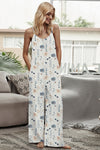 Front view of the Shiny Printed Spaghetti Strap Jumpsuit highlighting the floral print and adjustable straps.