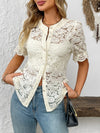 Front look of soft cream lace shirt with semi-sheer sleeves and delicate button finish, perfect for casual or office chic.