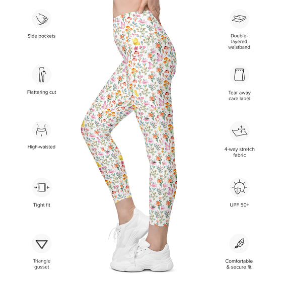 Side angle of women’s high waist leggings with pastel floral, bee, and butterfly print. Lightweight compression leggings with pockets for spring fashion.
