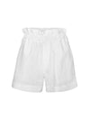 Close-up of the ruffled waistband detail on the high-waist shorts, adding a playful and chic touch.