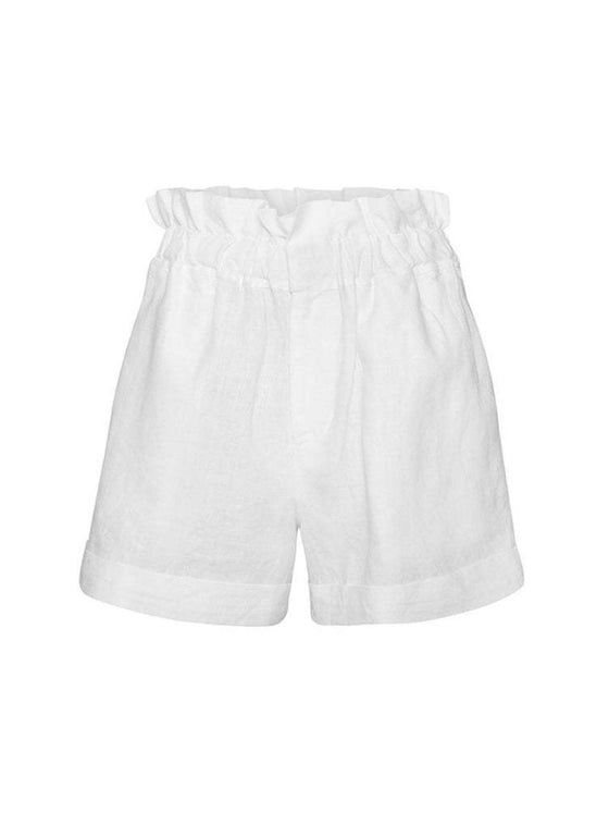 Close-up of the ruffled waistband detail on the high-waist shorts, adding a playful and chic touch.