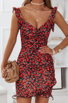 Close-up front of strawberry floral sweetheart mini dress showing delicate neckline and soft floral pattern—flattering fit for spring and summer.