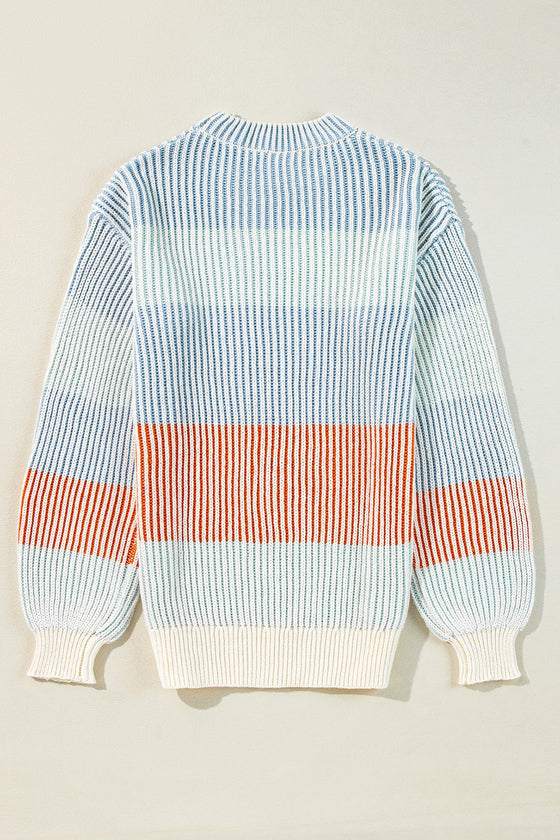 Back view of the Striped Color Block Round Neck Long Sleeve Sweater with colorful stripes in pink, orange, and white.