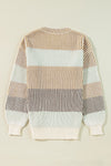 Back view of the Striped Color Block Round Neck Long Sleeve Sweater with colorful stripes in pink, orange, and white.