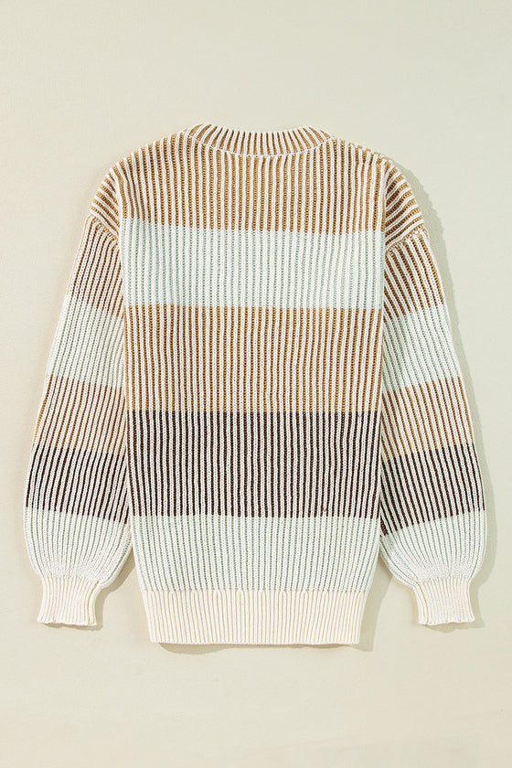 Back view of the Striped Color Block Round Neck Long Sleeve Sweater with colorful stripes in pink, orange, and white.