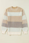 Front view of the Striped Color Block Round Neck Long Sleeve Sweater with colorful stripes in pink, orange, and white.