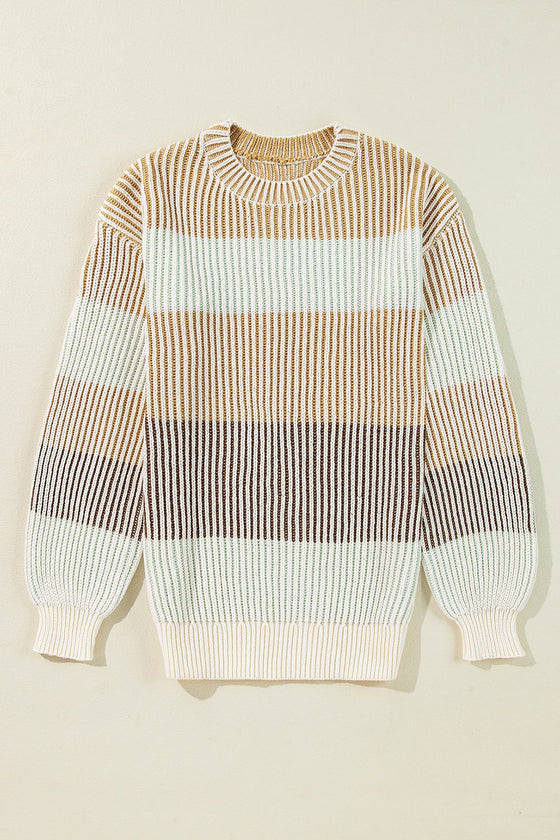 Front view of the Striped Color Block Round Neck Long Sleeve Sweater with colorful stripes in pink, orange, and white.