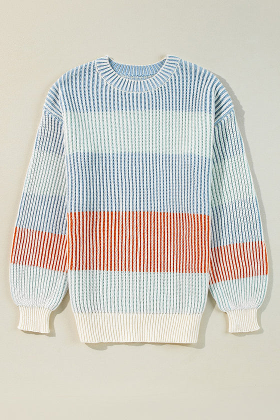 Front view of the Striped Color Block Round Neck Long Sleeve Sweater with colorful stripes in pink, orange, and white.