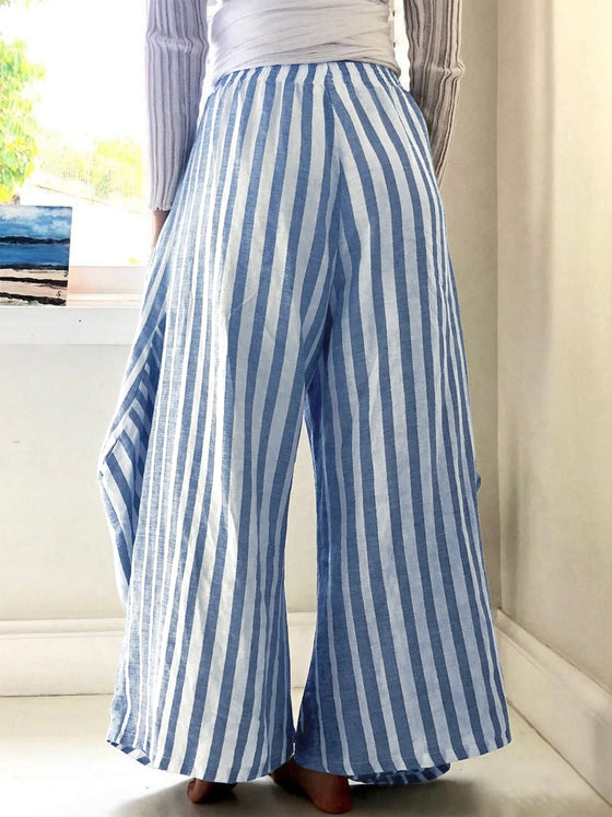 ack view of Striped Wide Leg Pants, featuring an elastic waistband and breezy wide-leg cut.