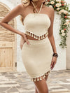  Front-facing image of Tan Halter Neck Set styled with summer-ready elegance and ease.

