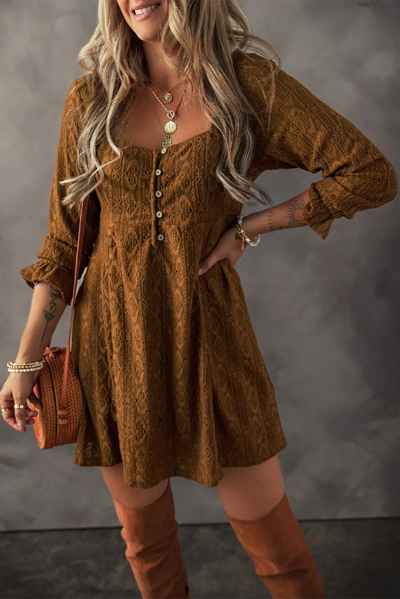 Front view of the Textured Square Neck Mini Dress in earthy brown, featuring button-down details and long sleeves.