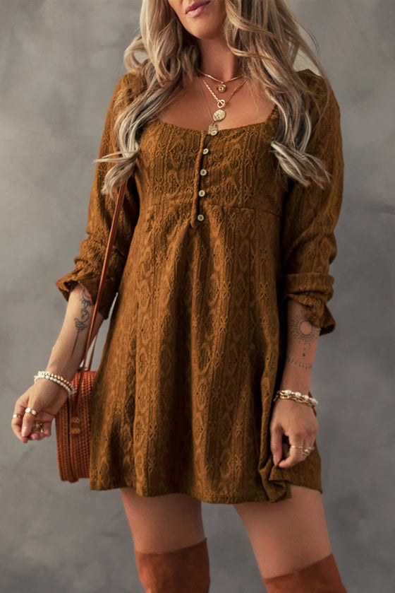 Front view of the Textured Square Neck Mini Dress in earthy brown, featuring button-down details and long sleeves.