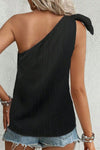 Back view of the Textured Tied One Shoulder Tank highlighting the relaxed fit and textured fabric.