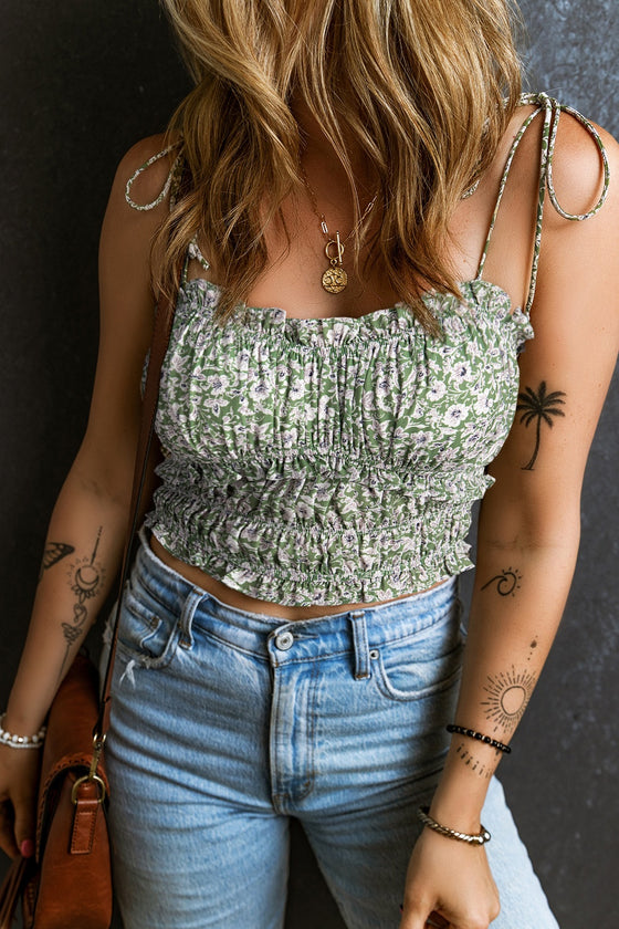 Front view of the Tied Smocked Printed Square Neck Cami in green, featuring tied straps and a smocked bodice.