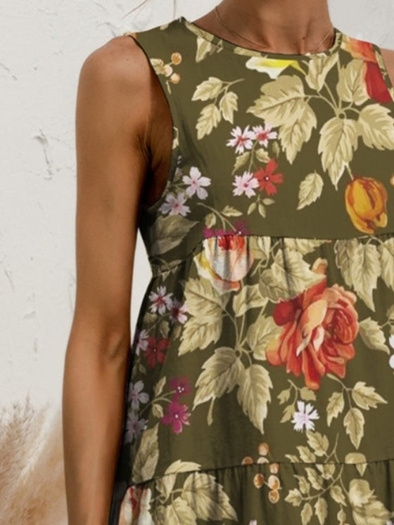 Side view of the Tiered Printed Round Neck Sleeveless Dress, highlighting its flowy silhouette and earthy tones.