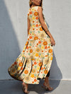 Back view of the Tiered Printed V-Neck Sleeveless Dress with colorful prints and a flowing tiered design.