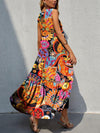 Back view of the Tiered Printed V-Neck Sleeveless Dress with colorful prints and a flowing tiered design.