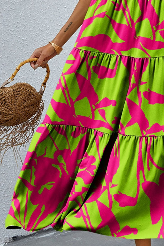 Close-up of the vibrant multicolor fabric on the Tiered Printed V-Neck Sleeveless Dress.