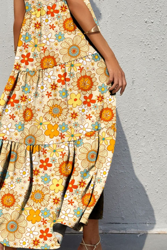 Close-up of the vibrant multicolor fabric on the Tiered Printed V-Neck Sleeveless Dress.