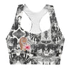 Front view of tiger print longline sports bra. Padded gym bra with maximum support, non-see-through fabric, and a bold print for workout and fitness.