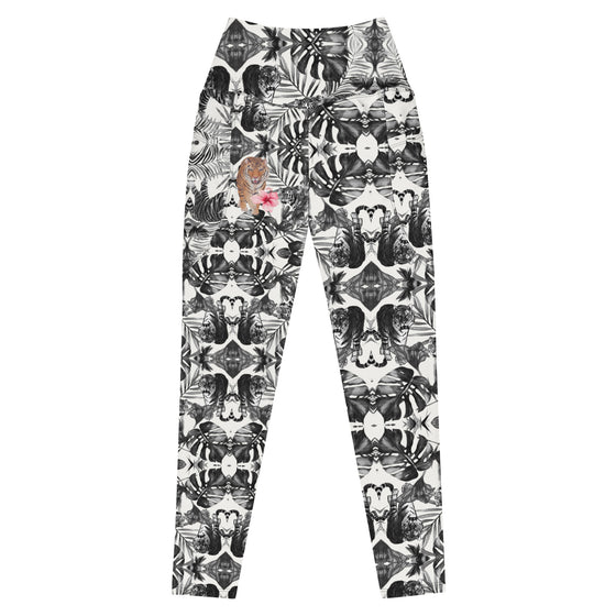 Tiger print high waist leggings shown from back angle. Compression leggings for women with tapered legs and secure waistband for gym sessions.