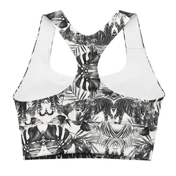 Back view of tiger print racerback sports bra with supportive fit and durable compression. High impact gym bra with mesh-lined interior for comfort.