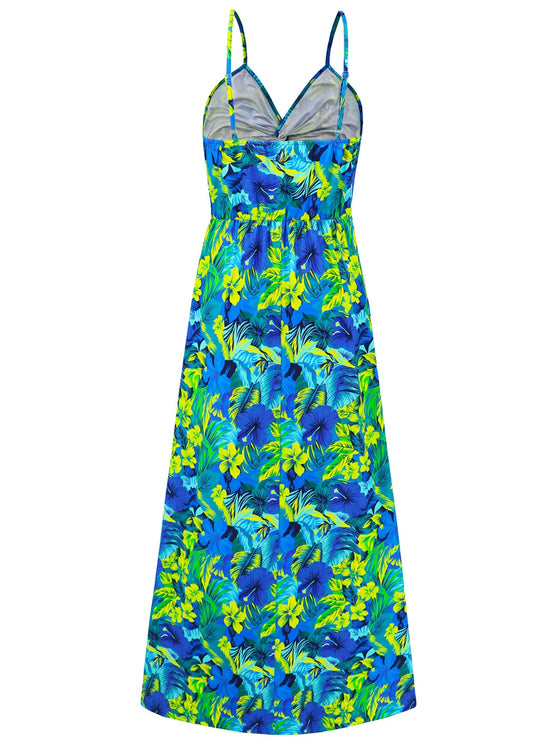 Back view of the Twisted Printed V-Neck Cami Dress with its elegant maxi length.