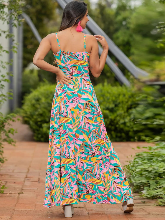 Back view of the Twisted Printed V-Neck Cami Dress with its elegant maxi length.