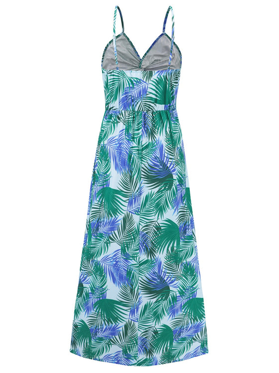 Back view of the Twisted Printed V-Neck Cami Dress with its elegant maxi length.